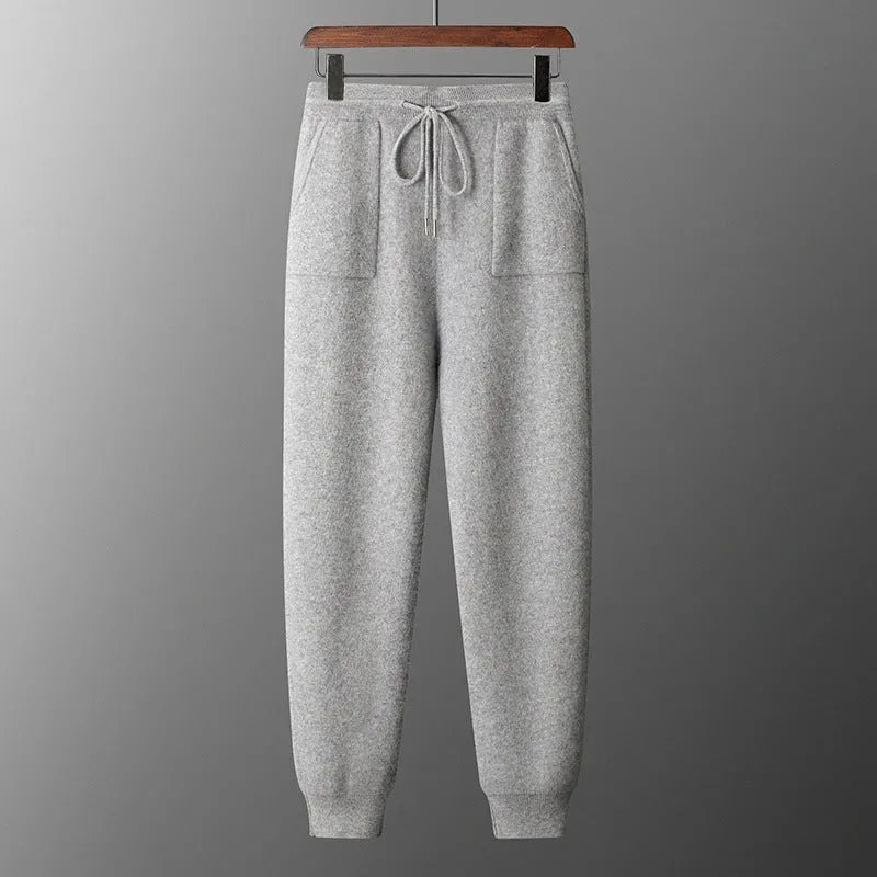 Men's light gray cashmere hooded knitted sweatshirt and matching long pants set for winter leisure wear