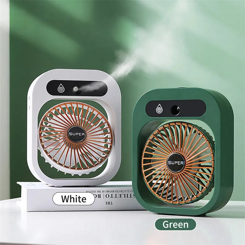 Green and white portable USB misting fan with water tank and adjustable vents