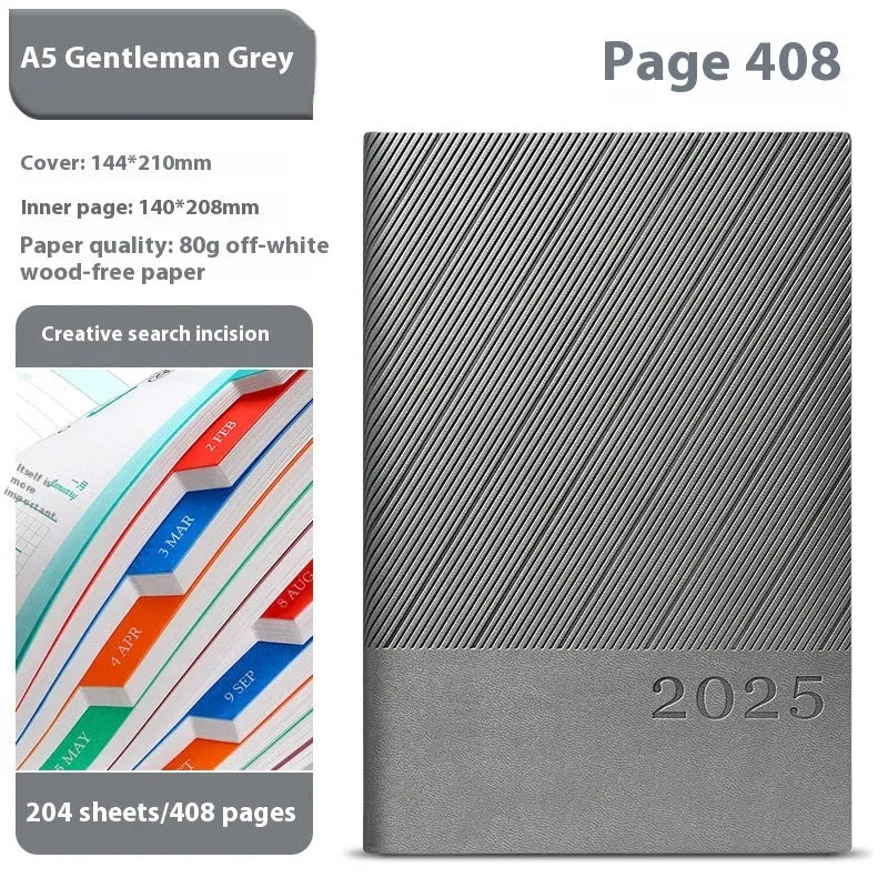 A4 notepad with striped PU leather cover open to show wood-free paper, available in eight colours.