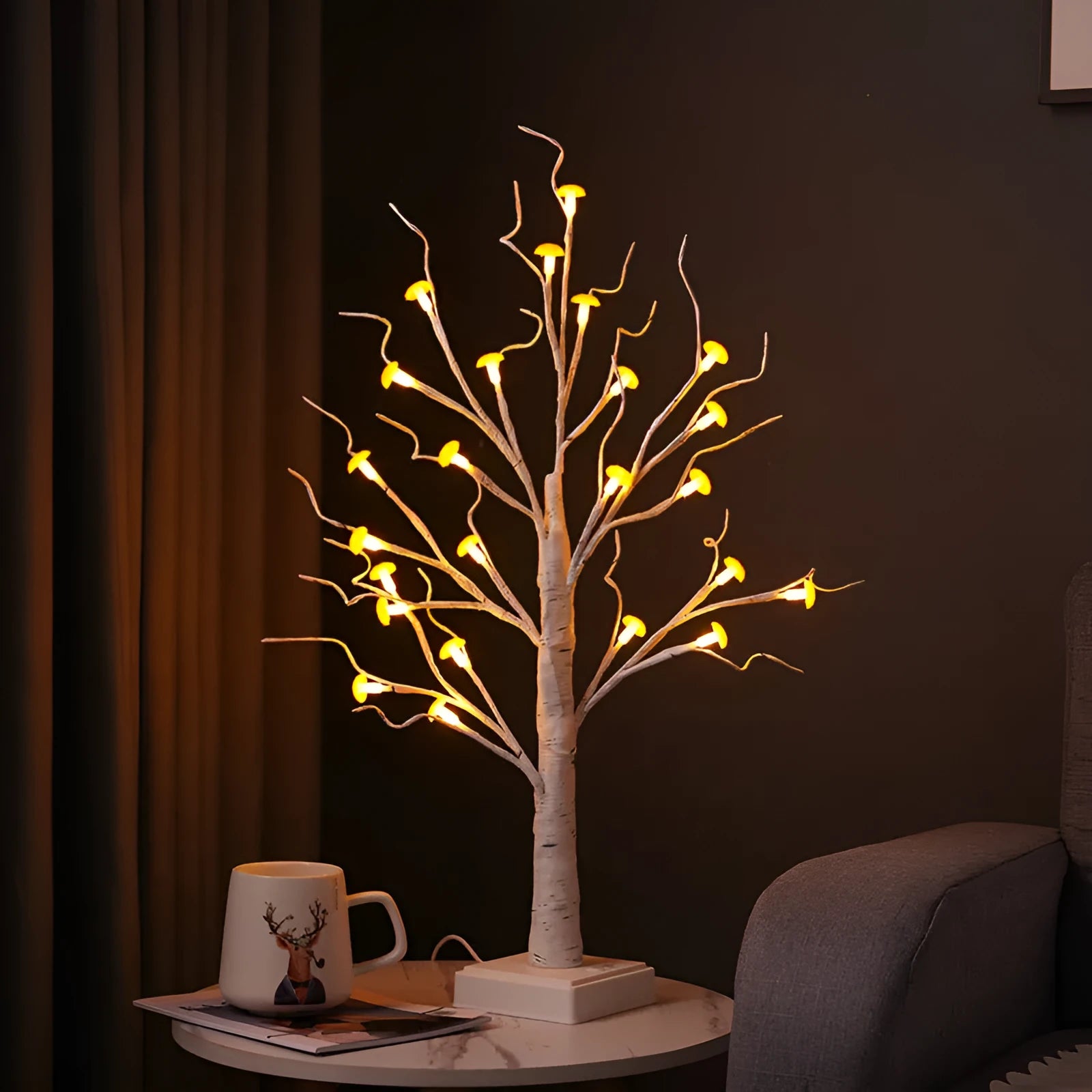 60cm tall white birch tree LED lamp with 24 small detachable mushroom lights on top.