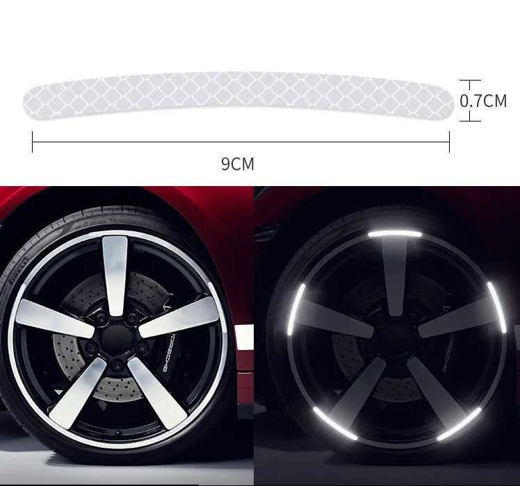 Pack of 20 arc-shaped PVC reflective stickers for car wheel hubs in multiple colour options