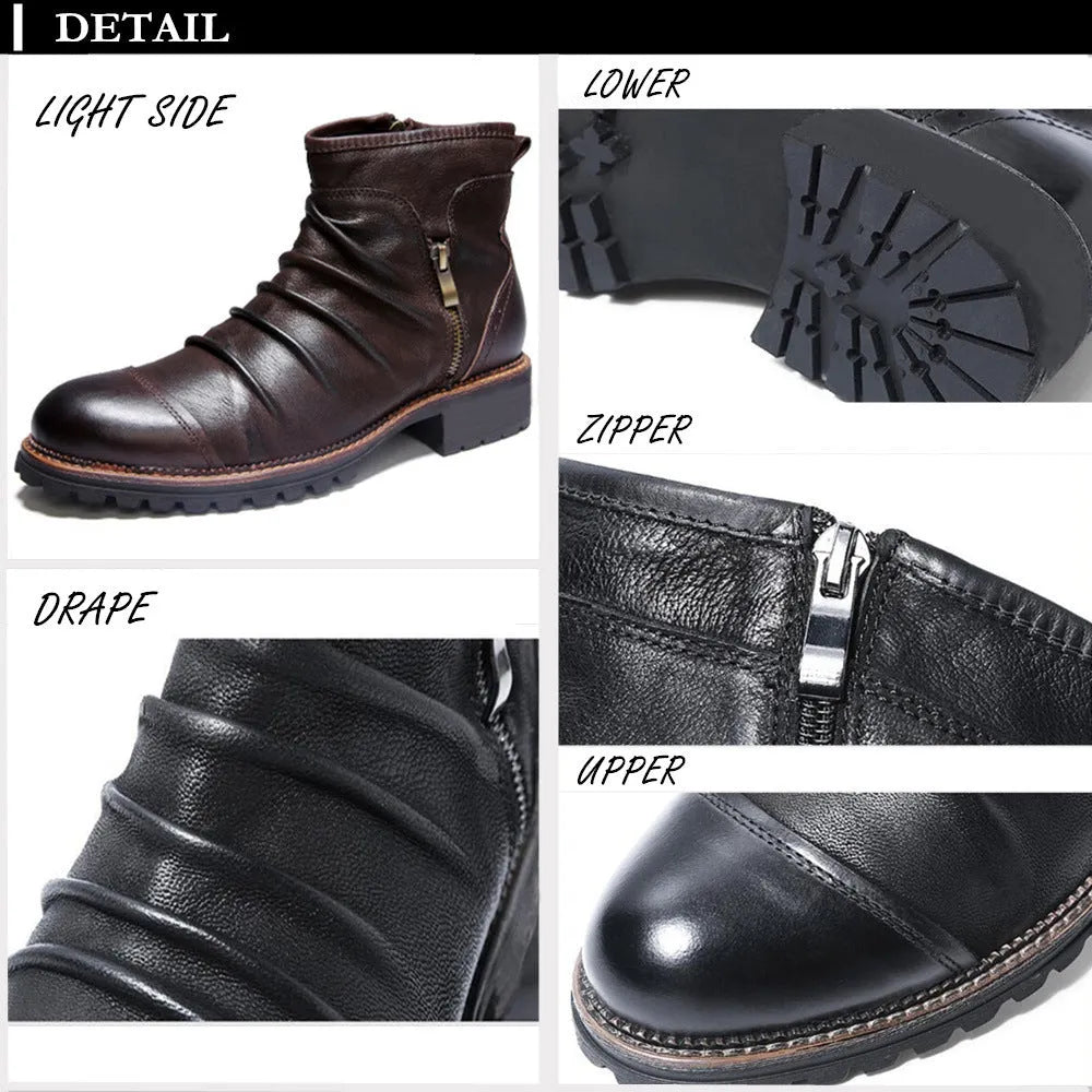 Black high-top Martin boots with side zip and horseshoe heel on a plain background.