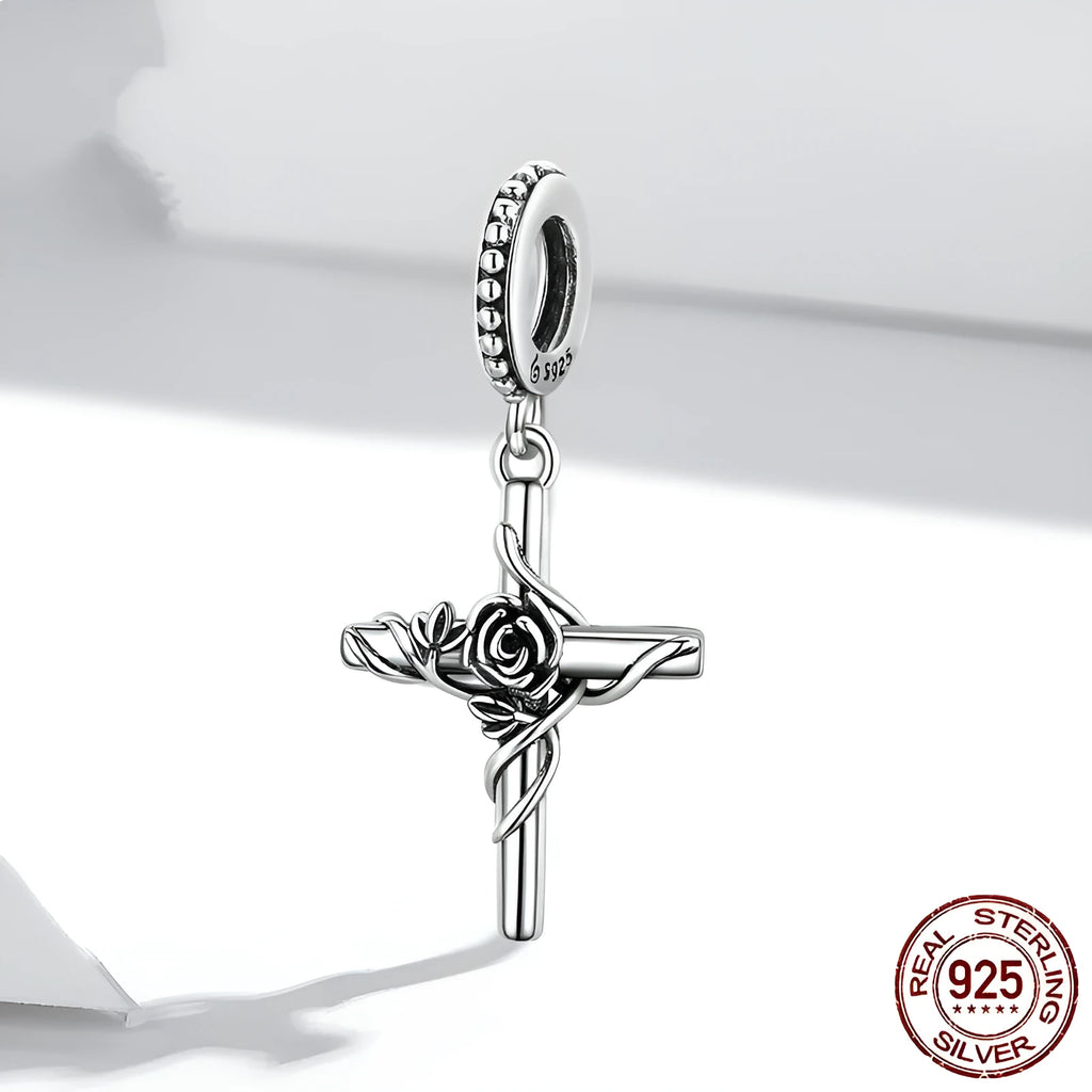Rose cross pendant S925 silver vintage faith bead 1.3g 2.7x1.3cm electroplated
