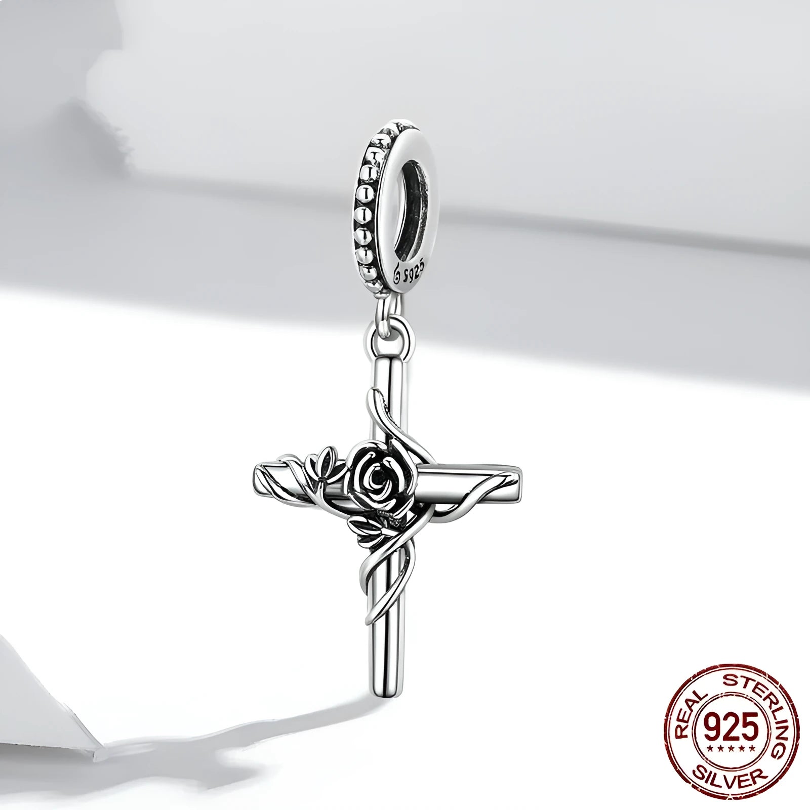 Rose cross pendant S925 silver vintage faith bead 1.3g 2.7x1.3cm electroplated