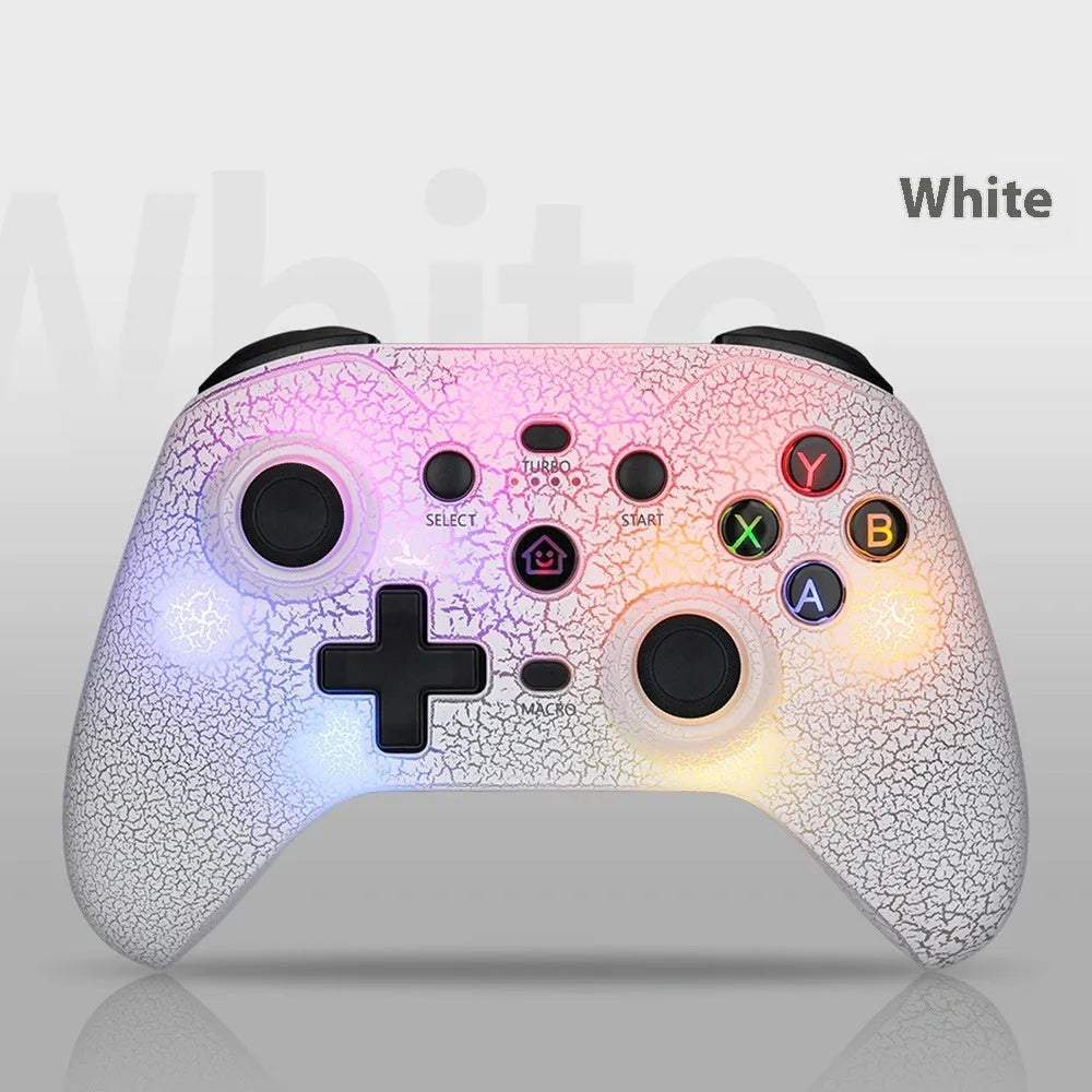 NS21 RGB lamp effect gamepad with Type-C interface, ABS body, 18.2 x 7 x 14 cm, shown in black, pink, and white