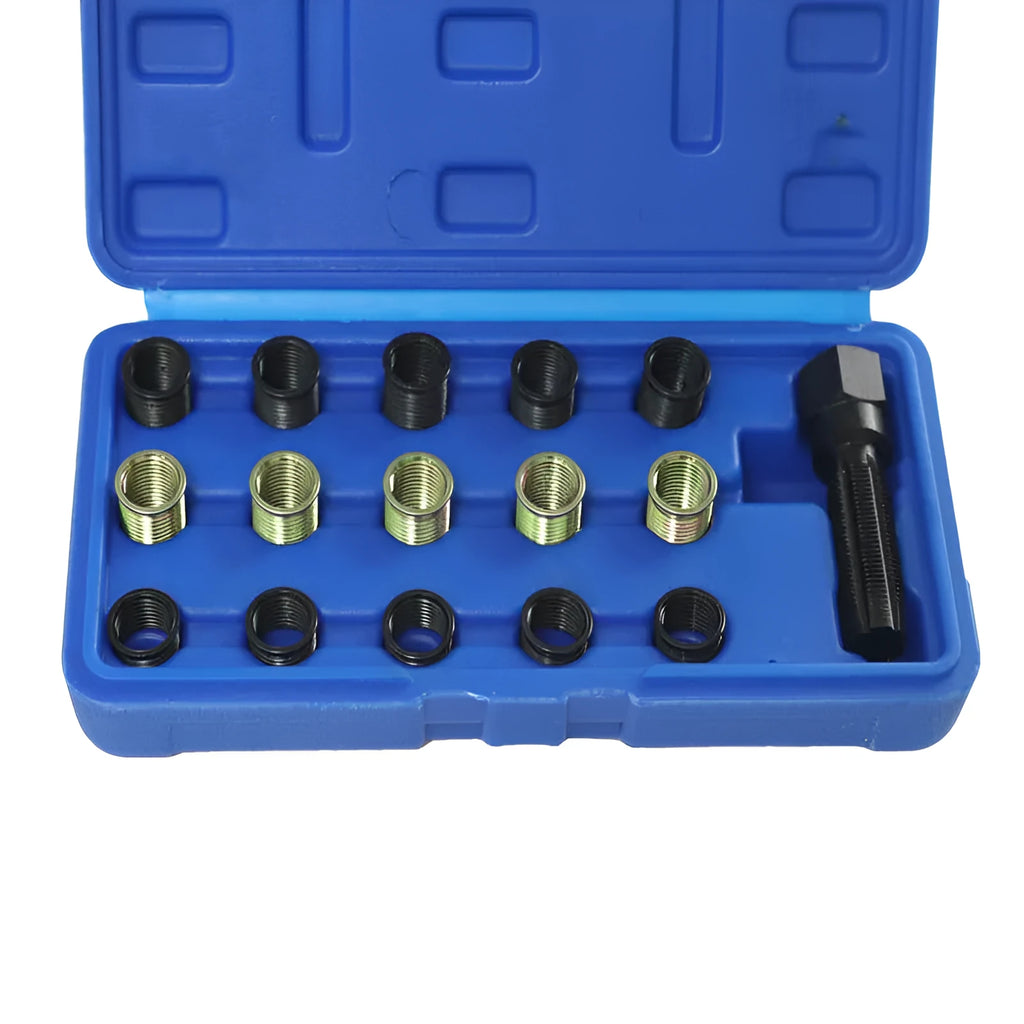 16-piece spark plug thread repair kit with M14 flanges and M16 tap in blue packaging box