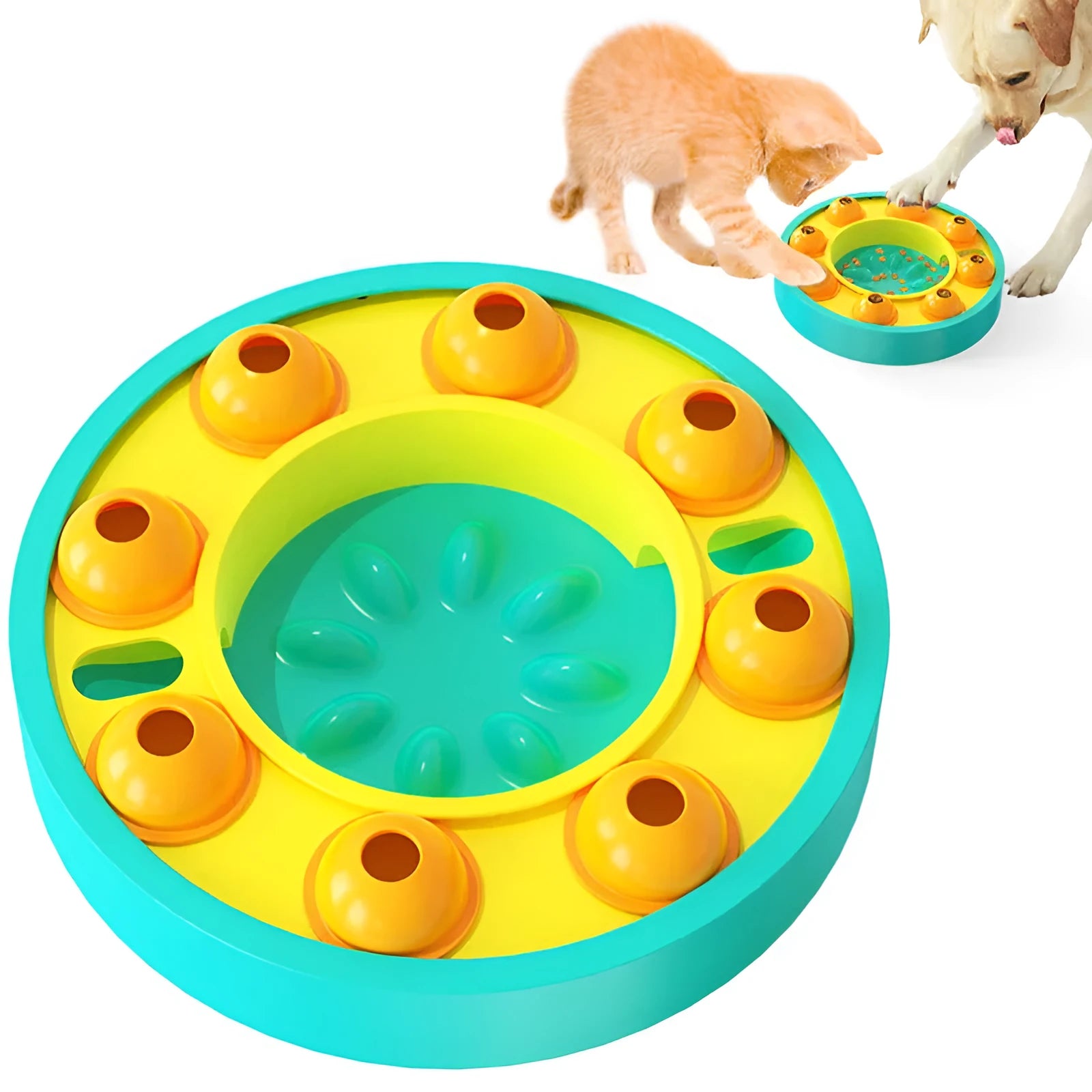 Blue and green interactive dog puzzle feeder bowl with central column and food turntable on a non-slip base