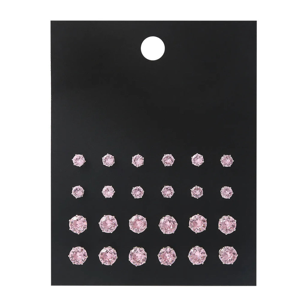 Pink round stud earrings set for women, 12 pairs of electroplated alloy geometric ear studs