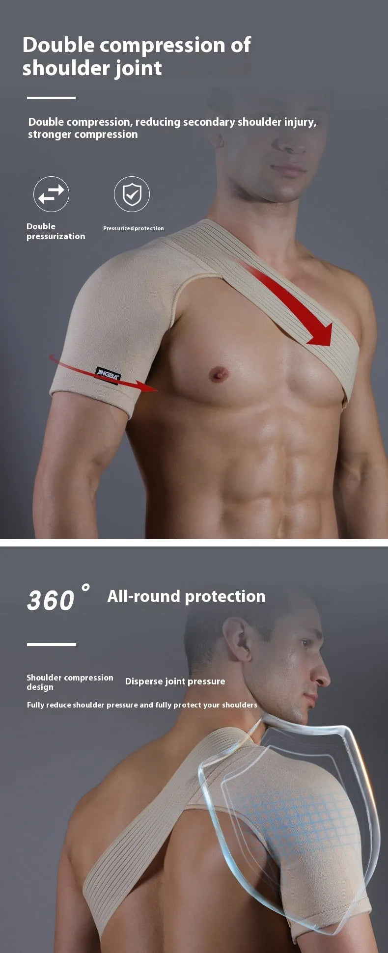 Adjustable skin-coloured sports shoulder support strap shown on a model for weightlifting and running.