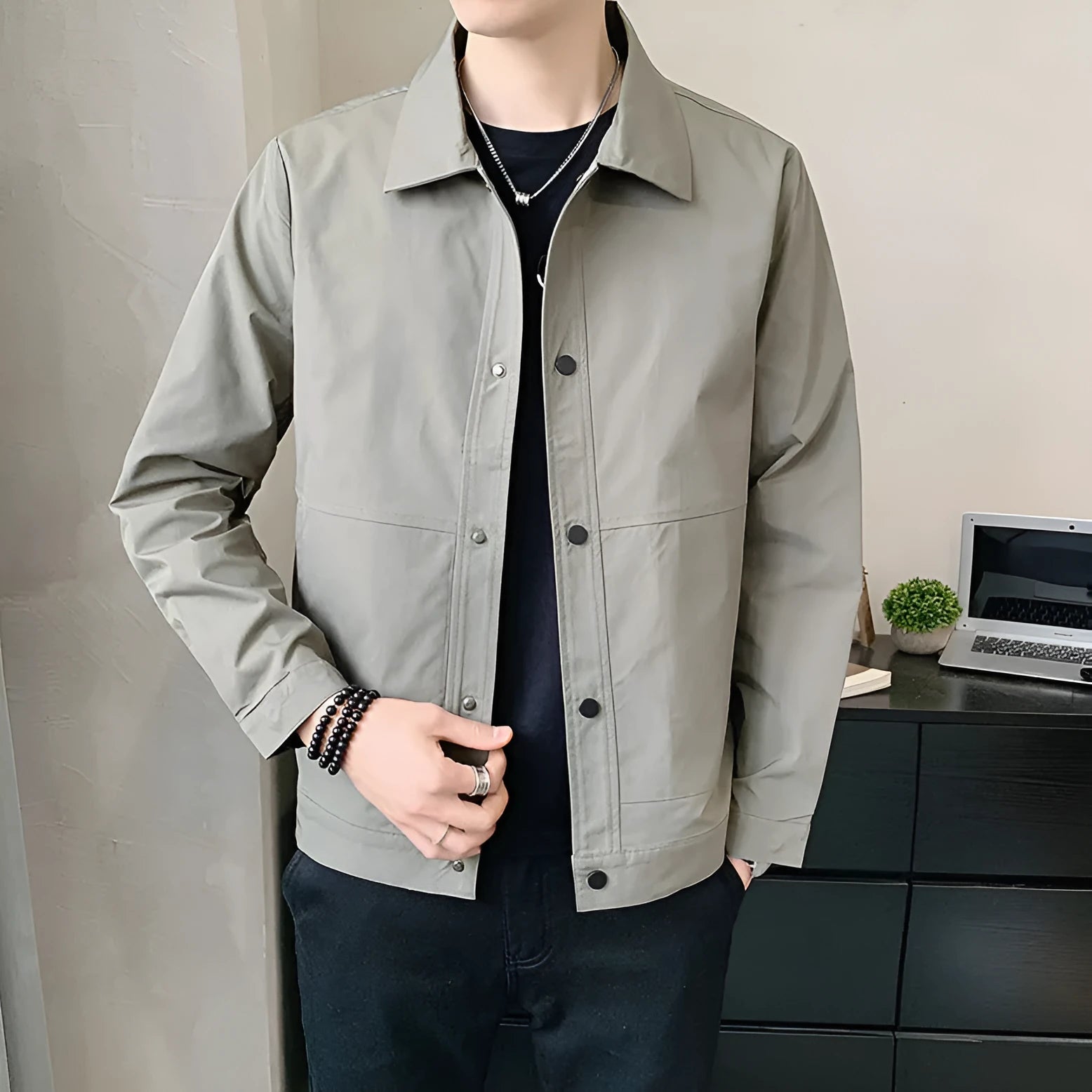Men's thin single-layer Korean style jacket in polyester, shown in light grey.
