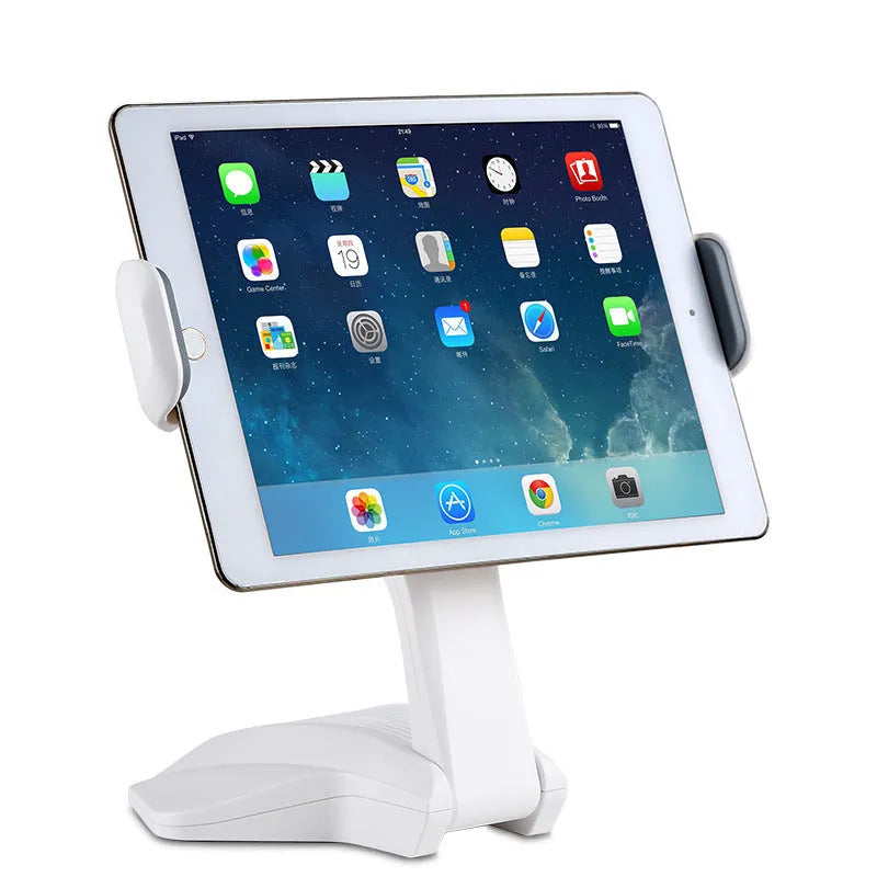 White adjustable tablet lazy support rack showing clip width adjustment mechanism