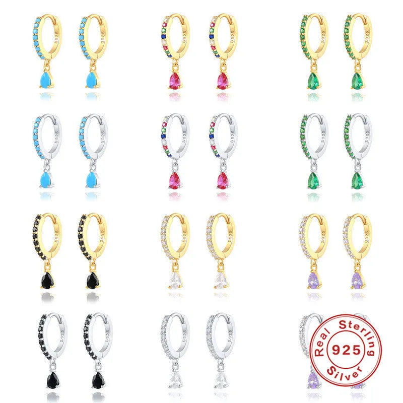 S925 sterling silver geometric water drop earring with selected pendant stone on gold or silver tone background.
