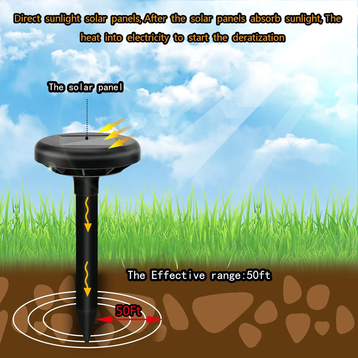 Solar ultrasonic mouse repeller with 5.5V solar panel, 1200mAh battery, 400-1000Hz vibration, Black or Green