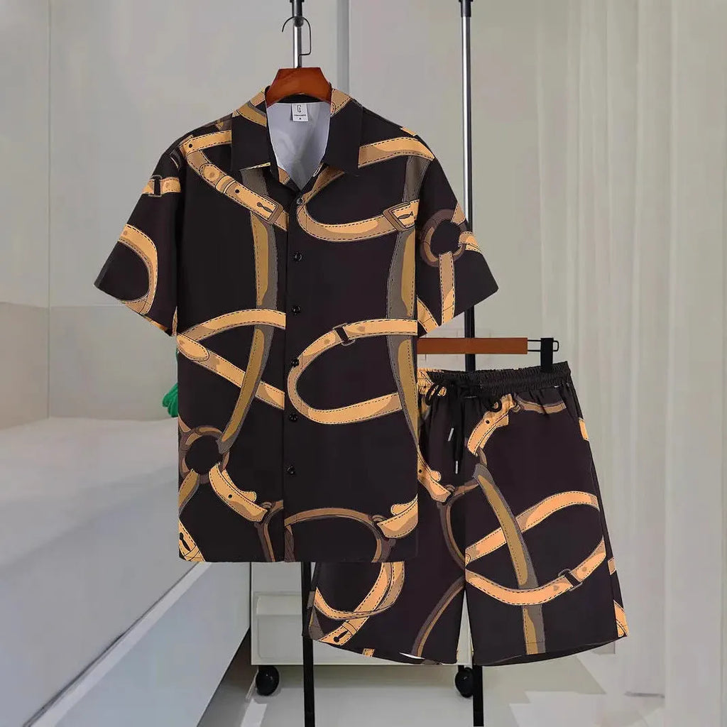 Men's wild printed short sleeve shirt and shorts set in a young casual style for summer leisure, polyester fibre blend fabric