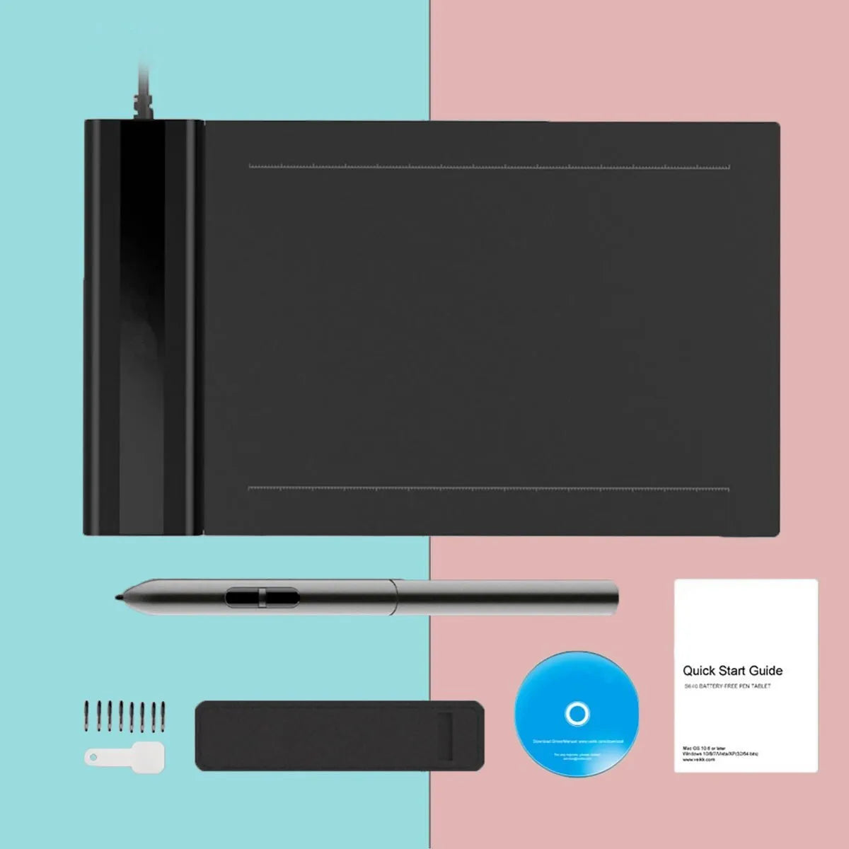 S640 black graphics tablet with passive pen on white background, 6x4 inch active zone