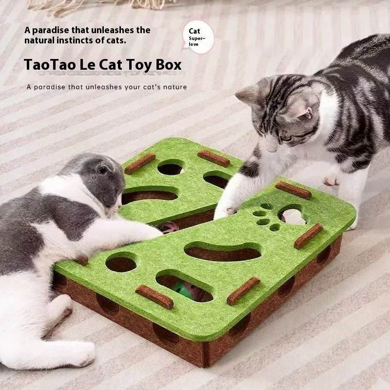Green brown felt box cat toy with holes for interactive puzzle play.