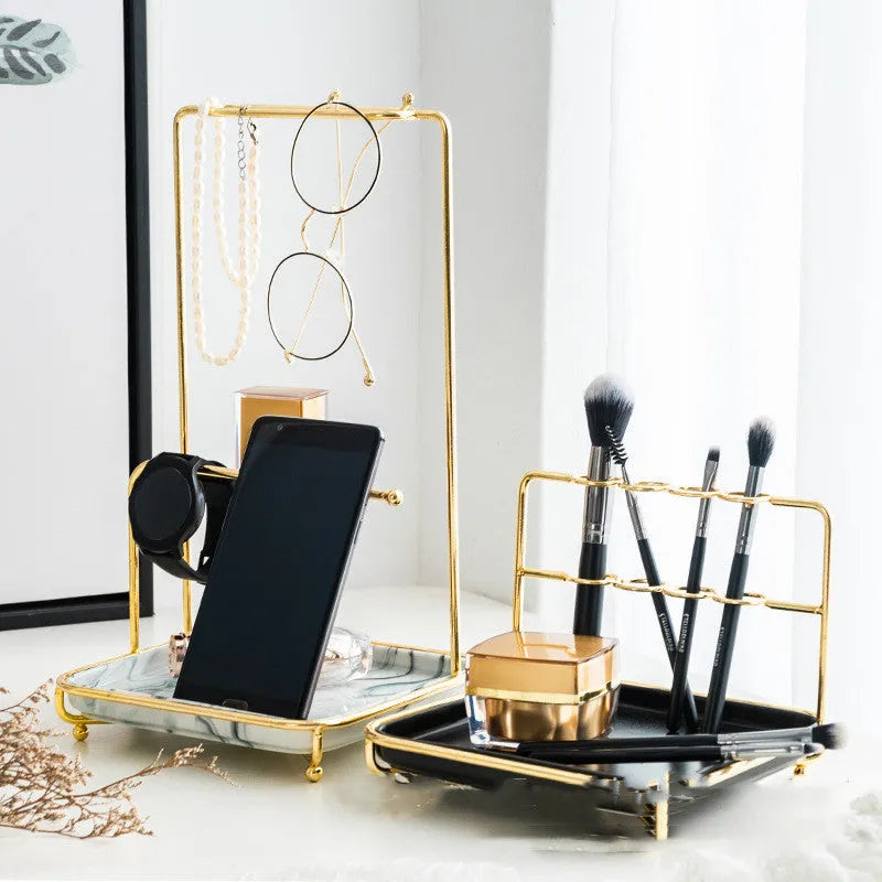 Modern cosmetics storage rack in iron and ceramic on a desktop with makeup items inside