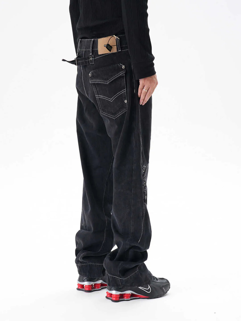Men's black contrast colour wide leg machete jeans with mid waist and zipper fly, sizes M to 2XL
