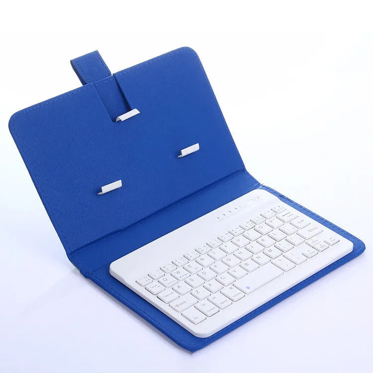 Black Bluetooth keyboard inside a leather holster case for mobile phones, shown with phone stand function engaged.