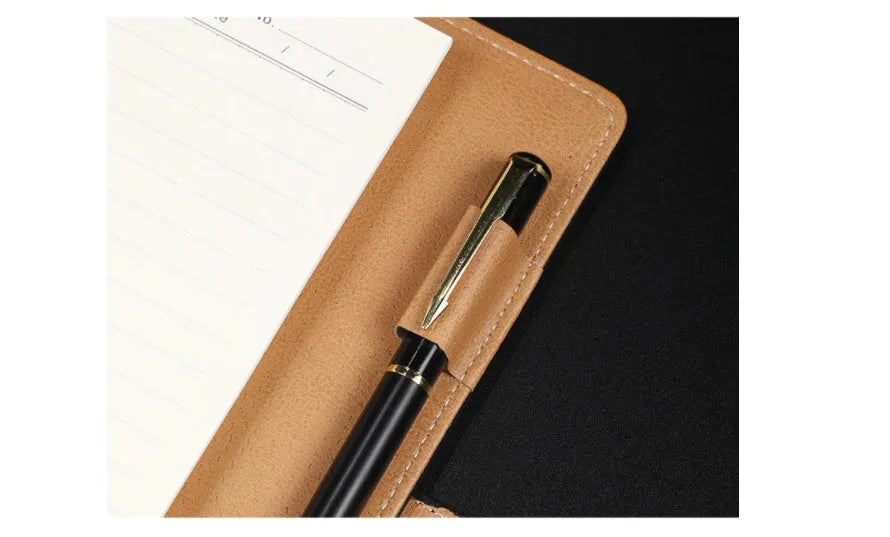 A5 leather notebook with 6-hole binder clip in black, blue, brown, grey or red colours
