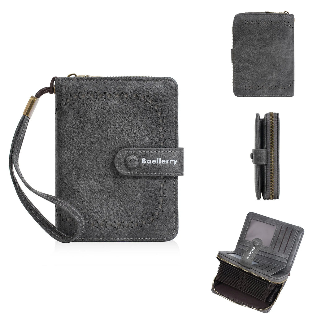 Women's black PU coin purse with zipper closure showing integrated card slots