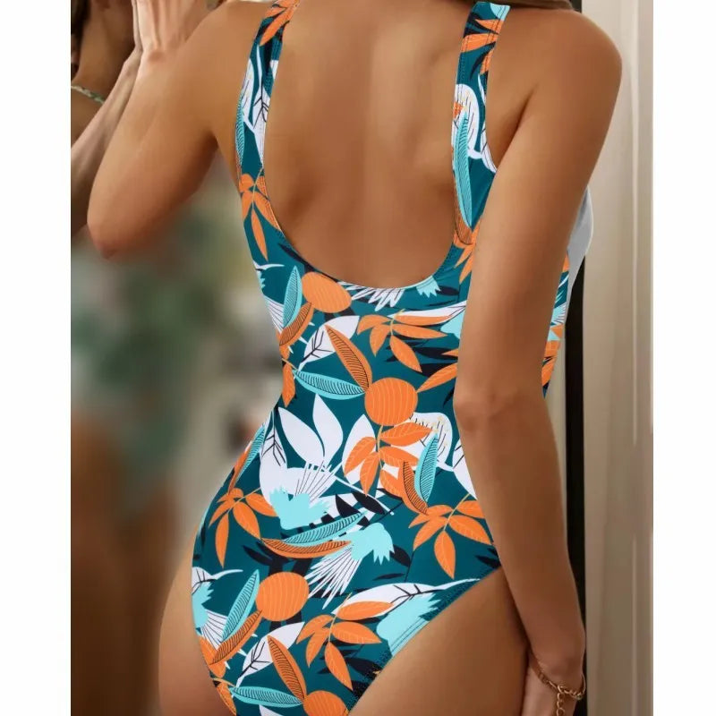 Women's high-waist one-piece swimsuit with printed pattern in quick-drying fabric