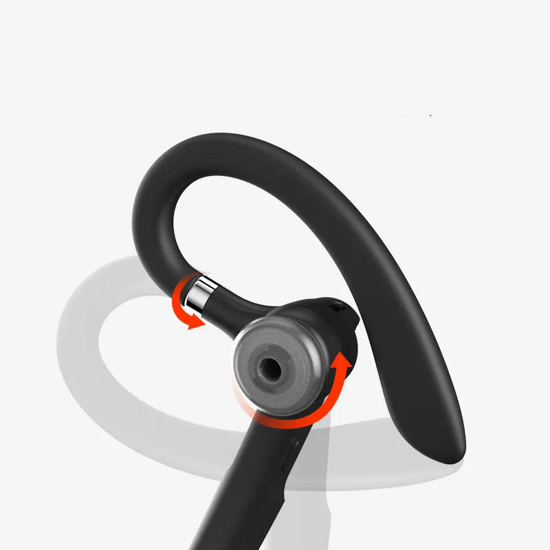 Black mono Bluetooth headset with a hanging ear hook design, shown on a grey background.