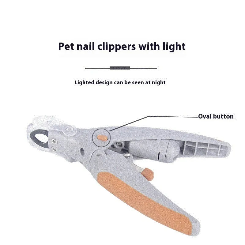 White dog nail trimmer with imitation blood guide and light on blue blister card packaging