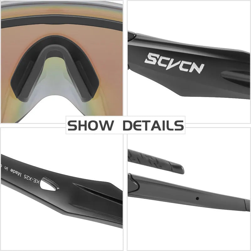 Frameless windproof sports goggles in a colourful integrated lens design for cycling and running.