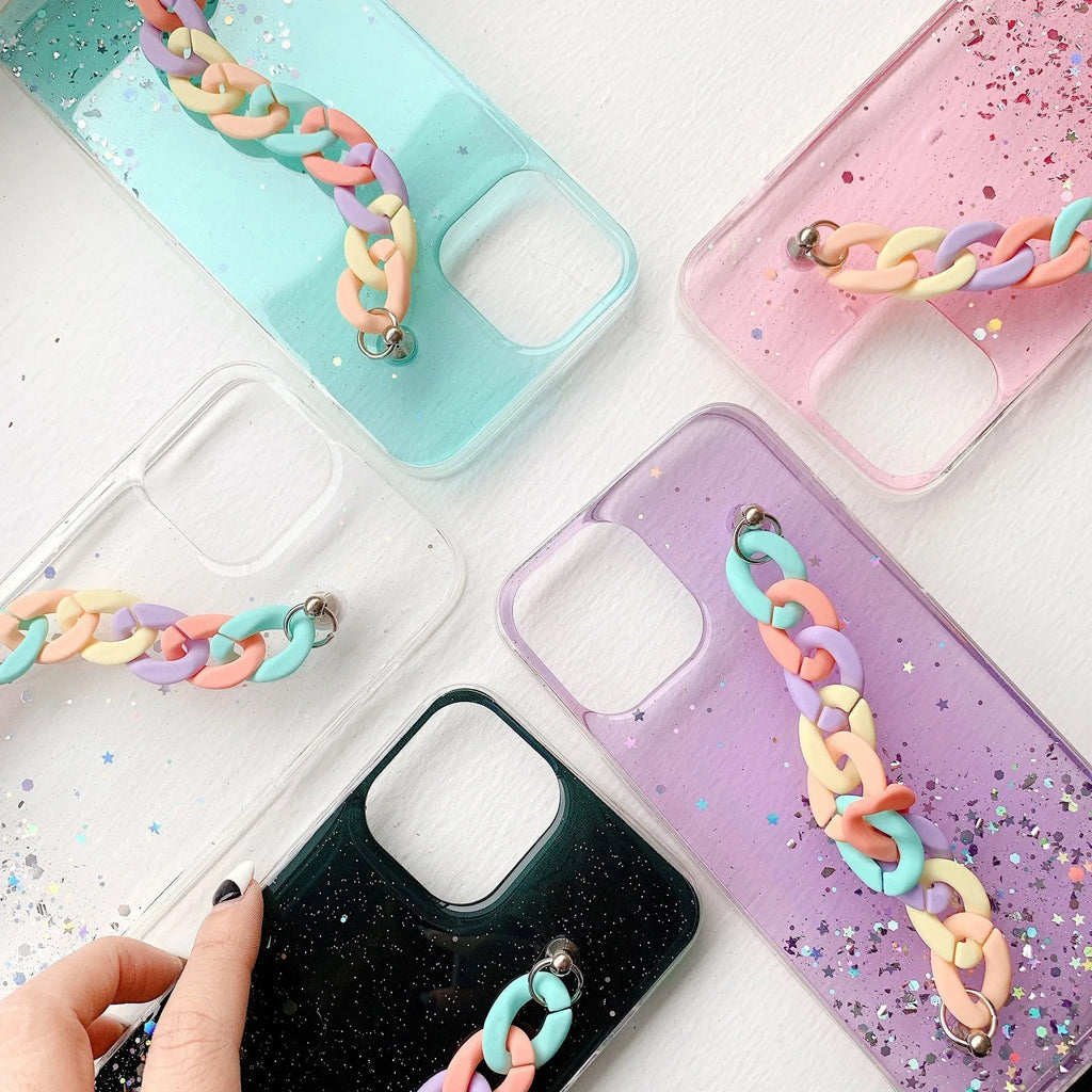 Silicone soft phone case with epoxy bracelet starry pattern for iPhone 14 and 15 series in multiple colours