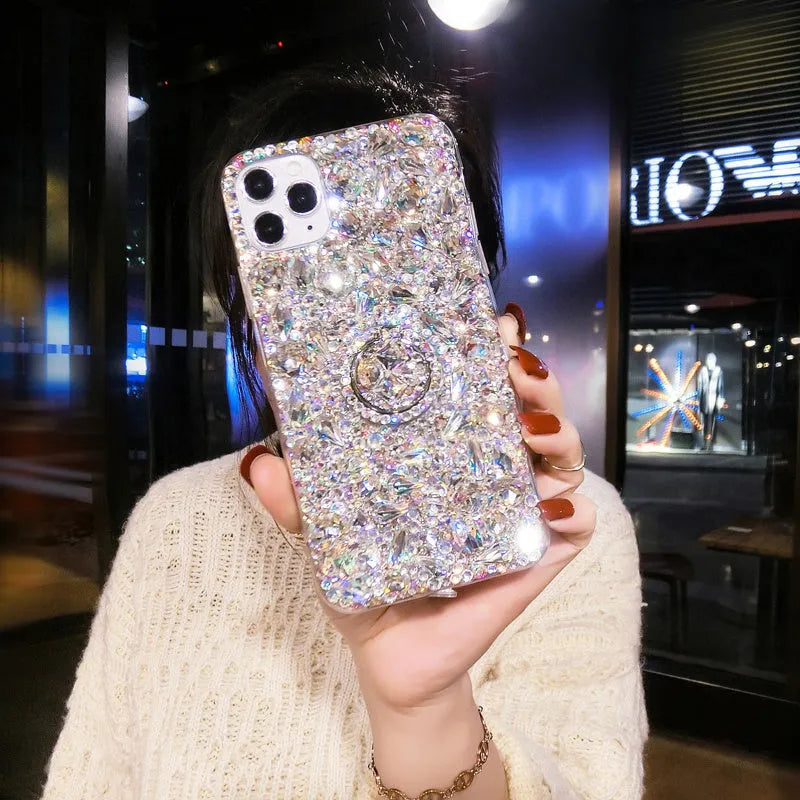 Luxury colourful diamond acrylic phone case with bracket for Samsung Galaxy smartphones.