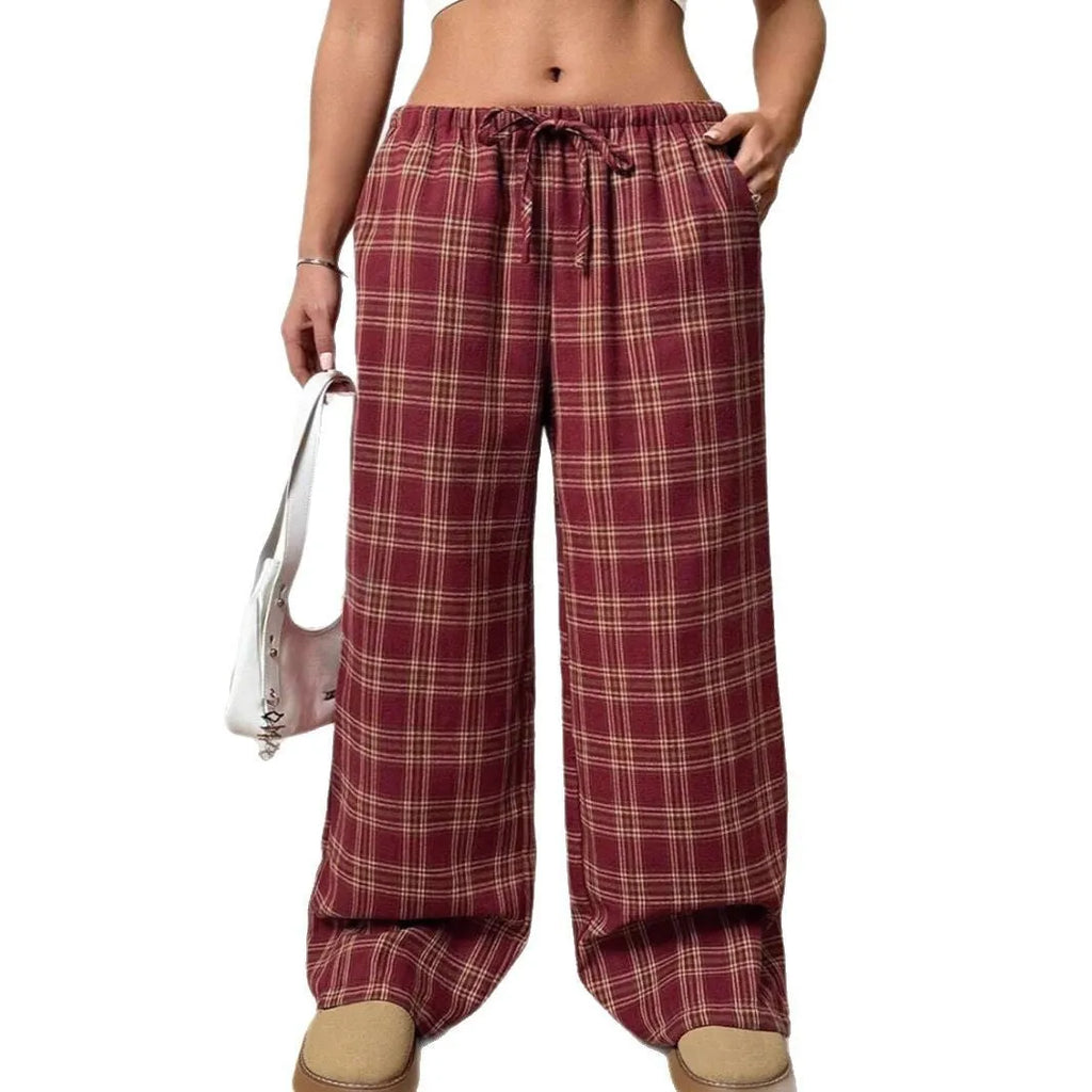 Women's plaid pattern casual trousers with loose fit, drawstring waist, and functional pockets