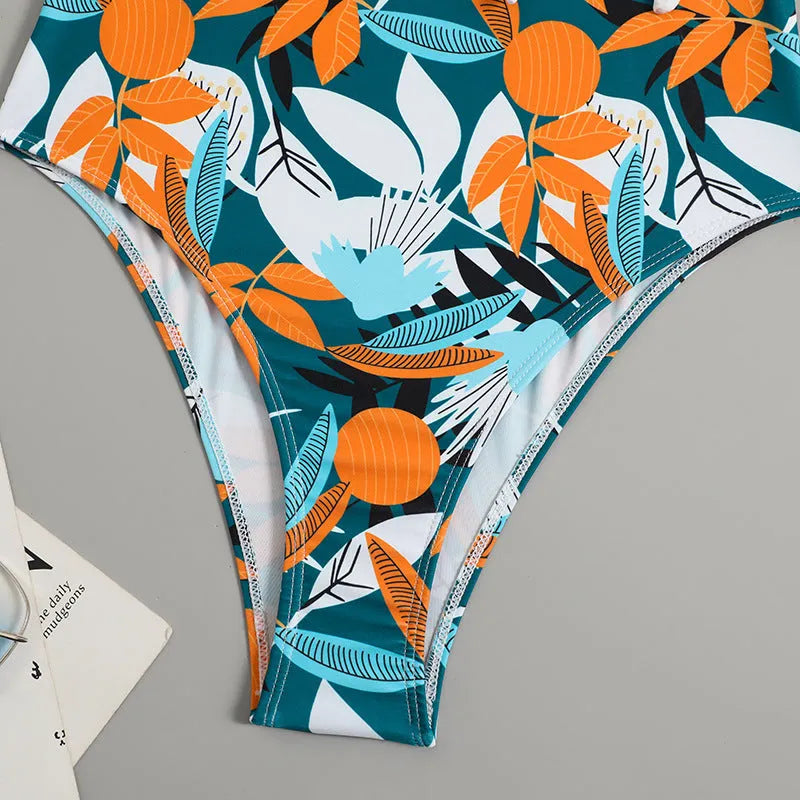 Women's high-waist one-piece swimsuit with printed pattern in quick-drying fabric