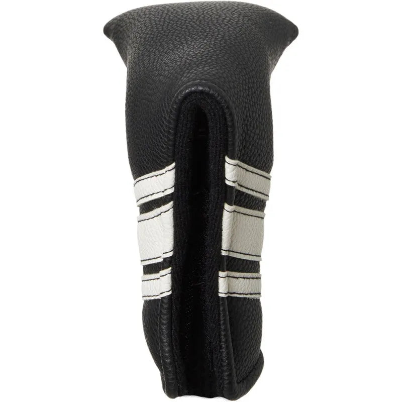 Black PU leather golf putter cover sleeve for club head protection.