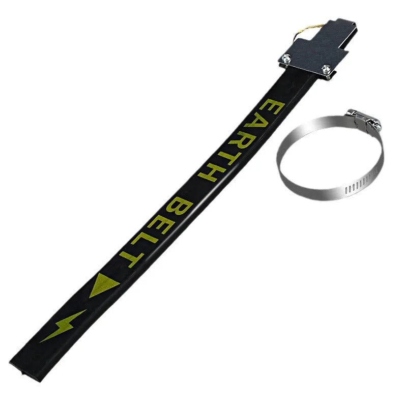 Black car electrostatic belt with a coiled copper wire grounding chain, measuring 370 mm in length.