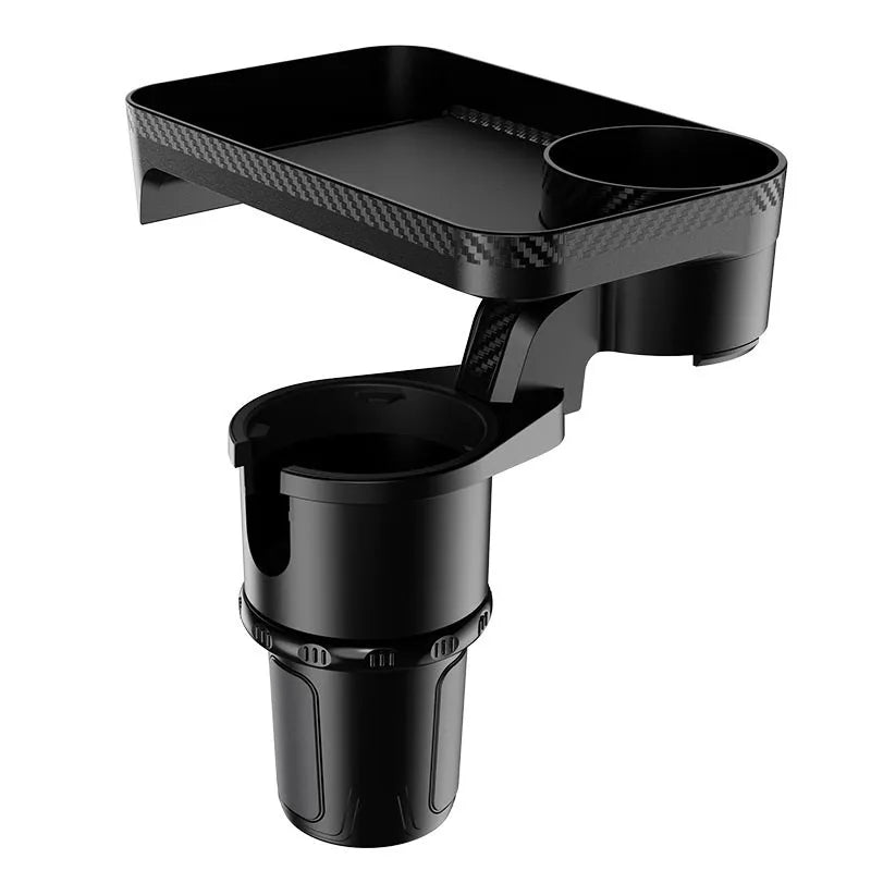 Black ABS plastic car-mounted rotating dinner tray holder showing 360-degree rotation function