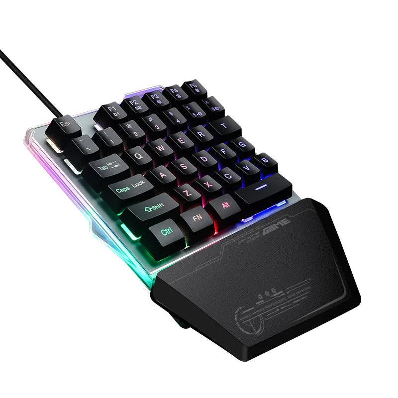 Black G40 Flow one-handed mechanical gaming keyboard with RGB backlighting on keys.
