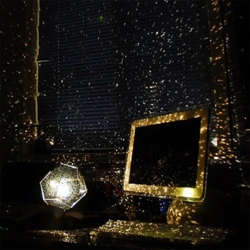 Plastic LED star projector lamp projecting blue constellations on a wall.