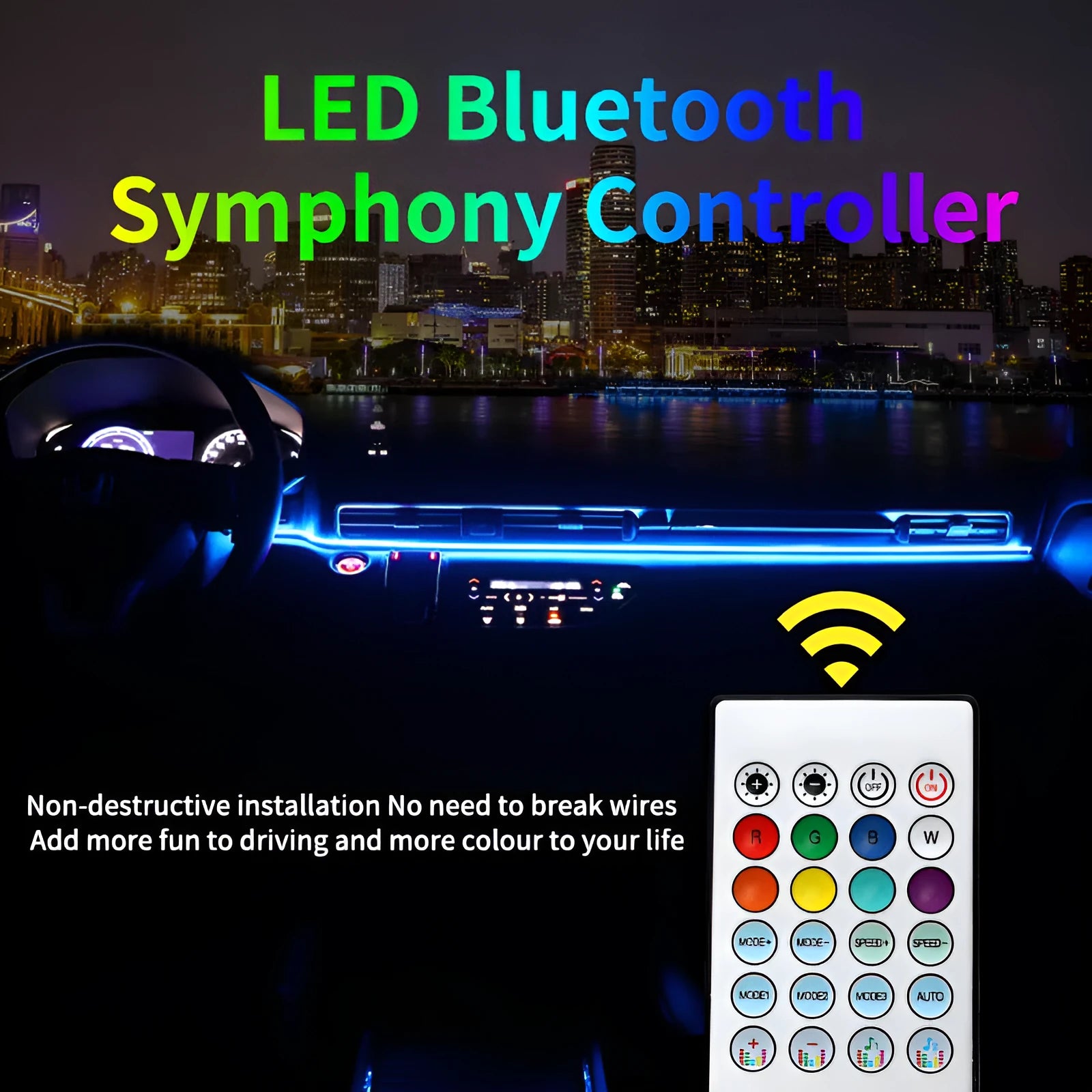 110cm RGB car ambience light strip with remote control for dashboard and footwell installation