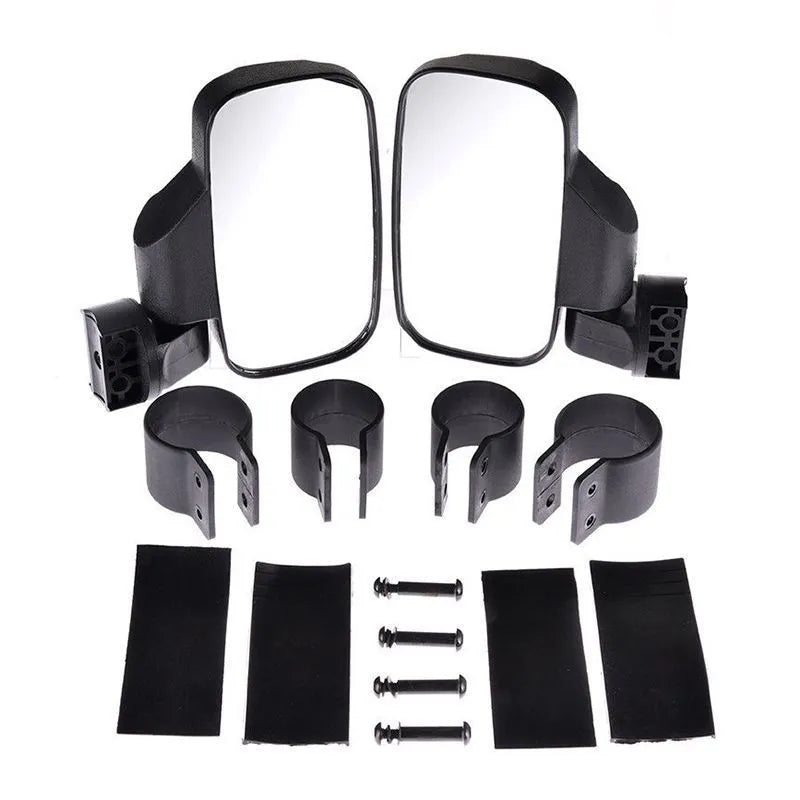 Black universal motorcycle off-road rearview mirror pair for UTV with plastic housing and glass mirror