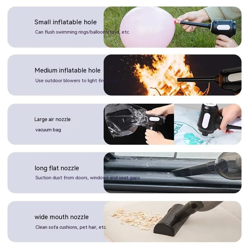 Black cordless handheld car vacuum cleaner with attachments on a grey car seat.
