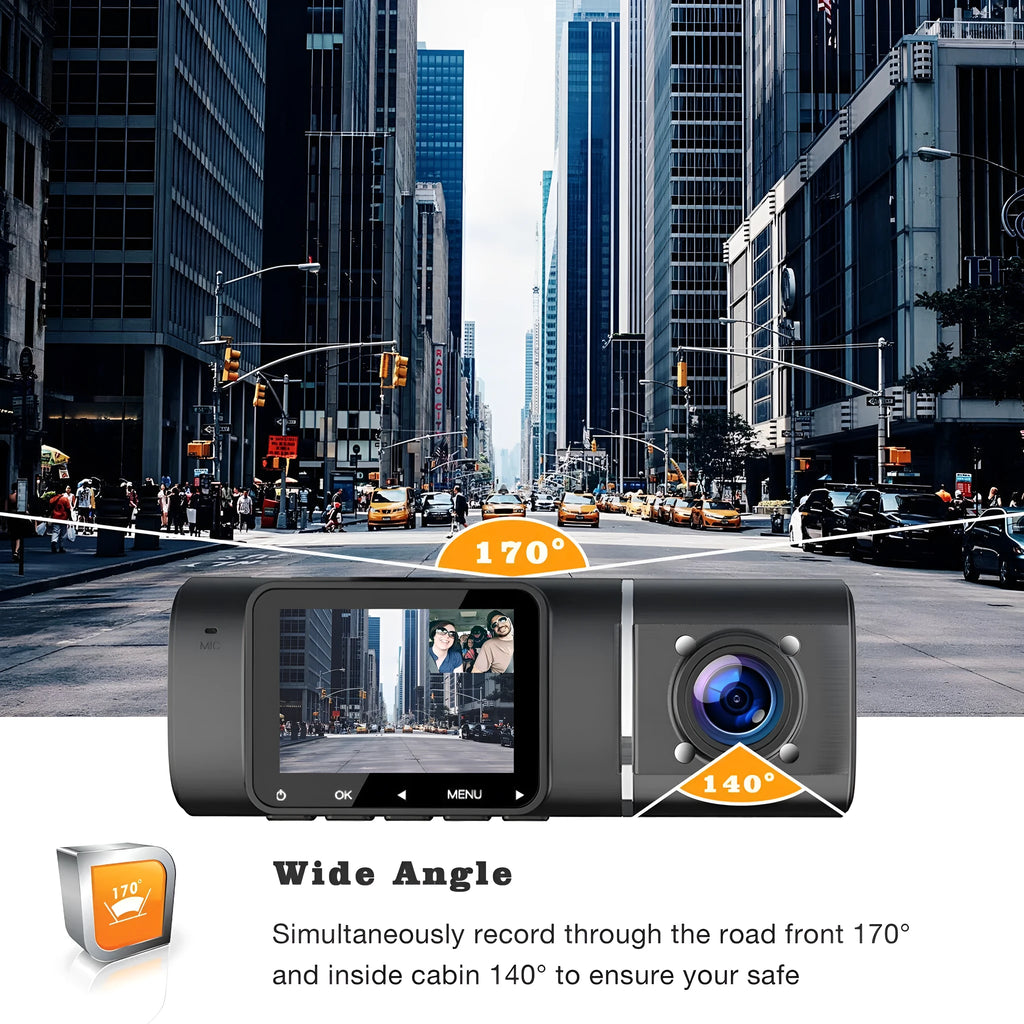 Standard black 1080p dash cam for cars with front and rear recording.