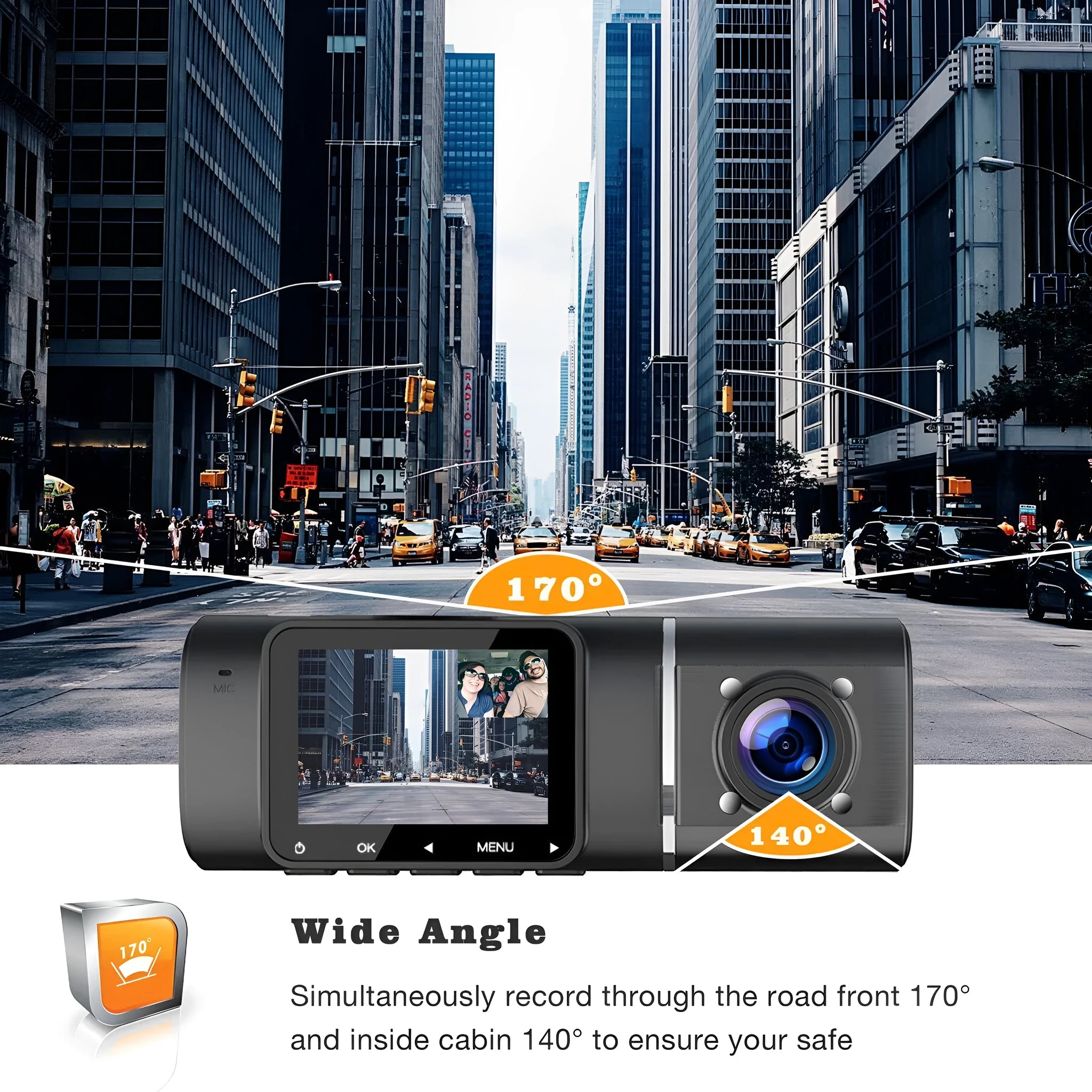 Standard black 1080p dash cam for cars with front and rear recording.