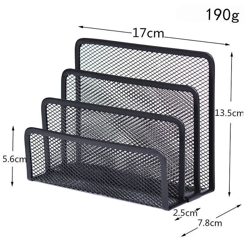 Three tier metal mesh desk organizer with iron frame storing papers and letters on a wooden desktop