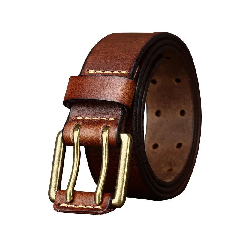 Men's first layer cowhide belt with vintage brass pin buckle, 3.8cm wide, 4mm thick, antique finish