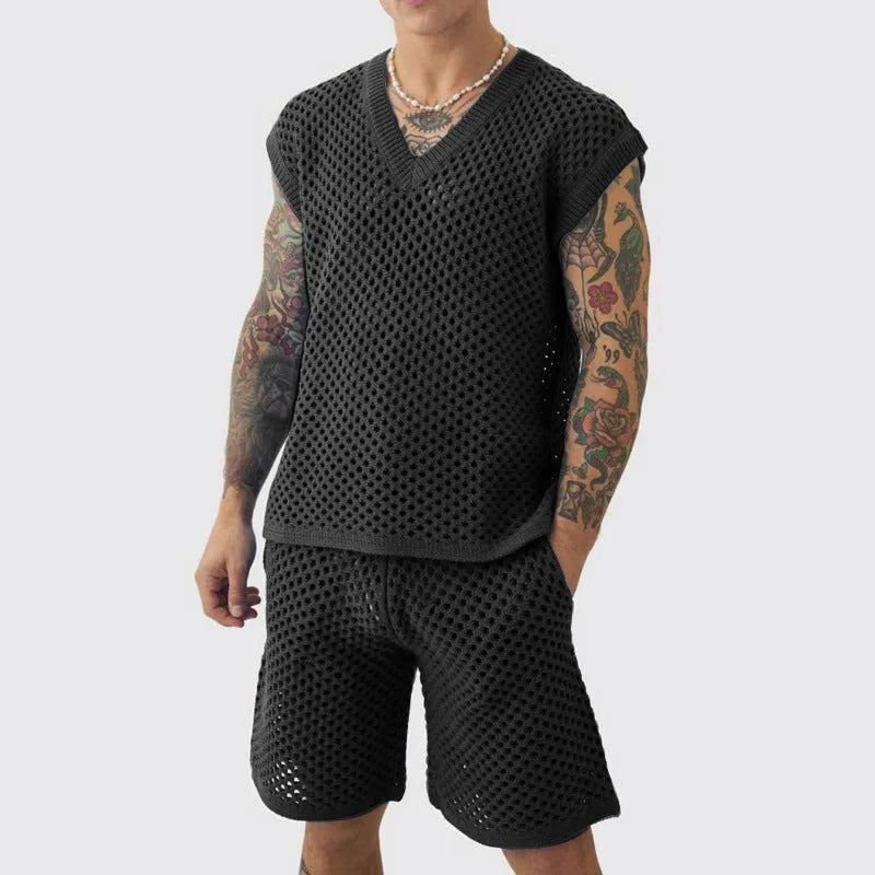 Men's blue knitted vest and shorts sportswear set for summer athletic activities
