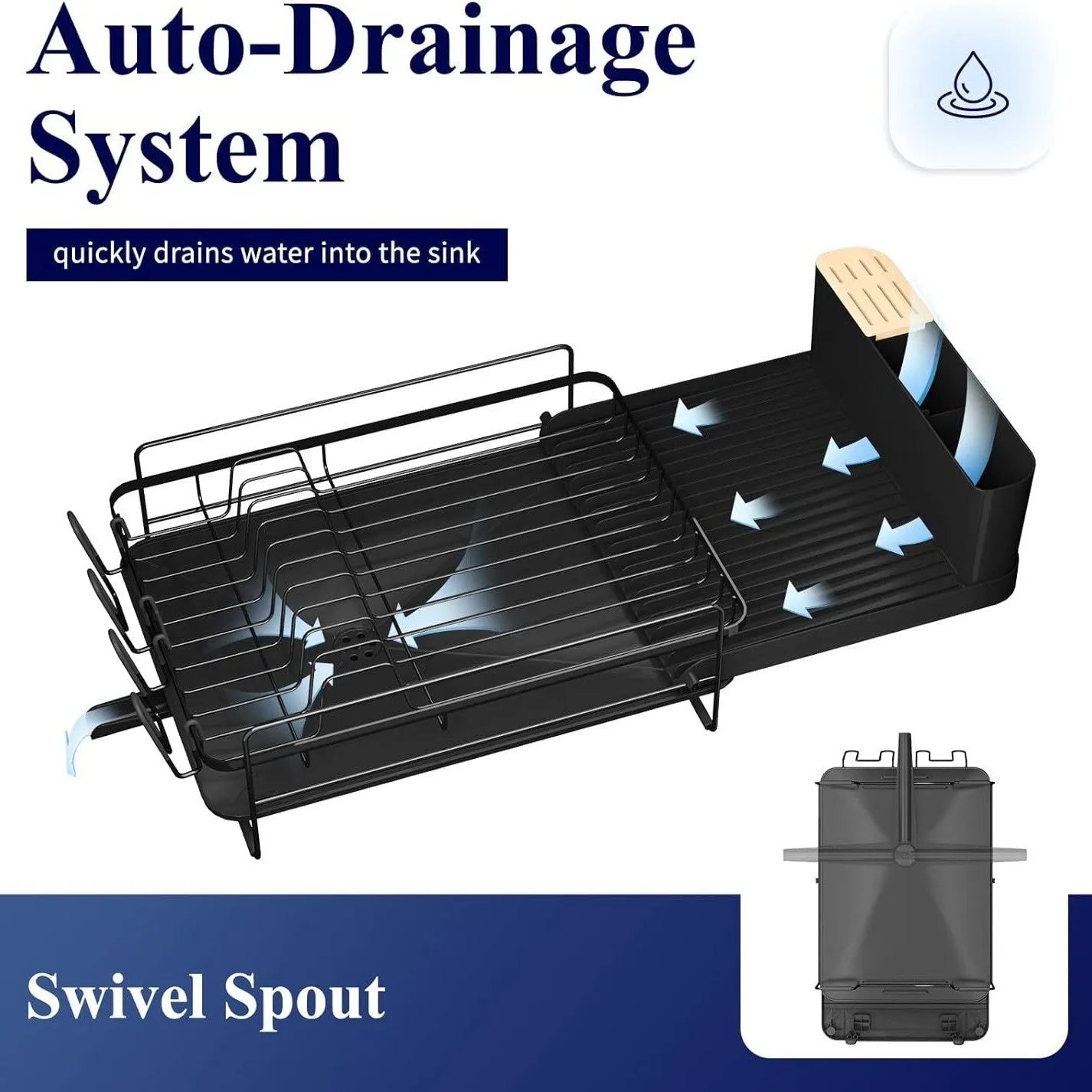 Modern foldable carbon steel dish drain rack for cutlery and cups on a wall.