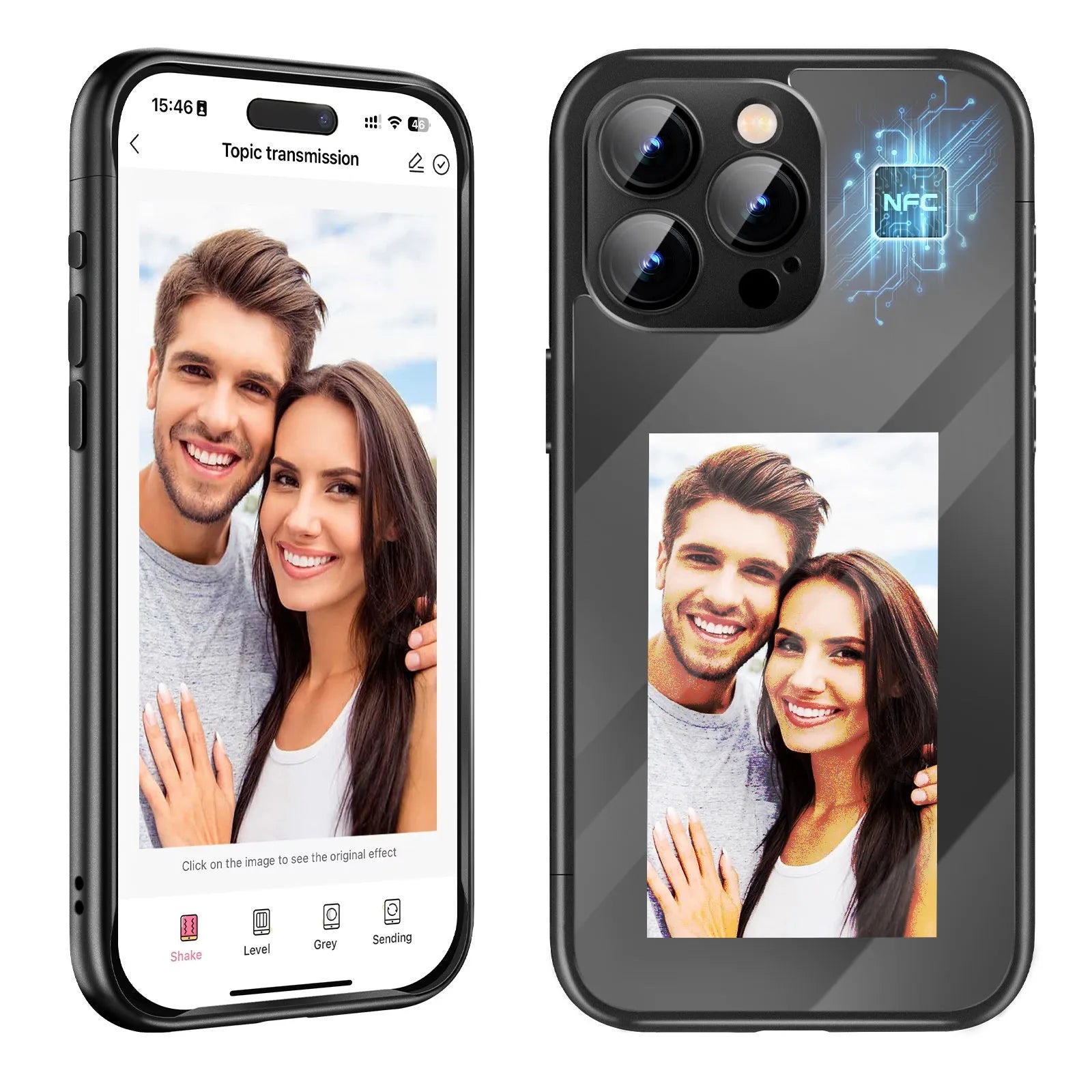iPhone 15 Pro Max NFC flip phone case in black with custom DIY design and plastic construction