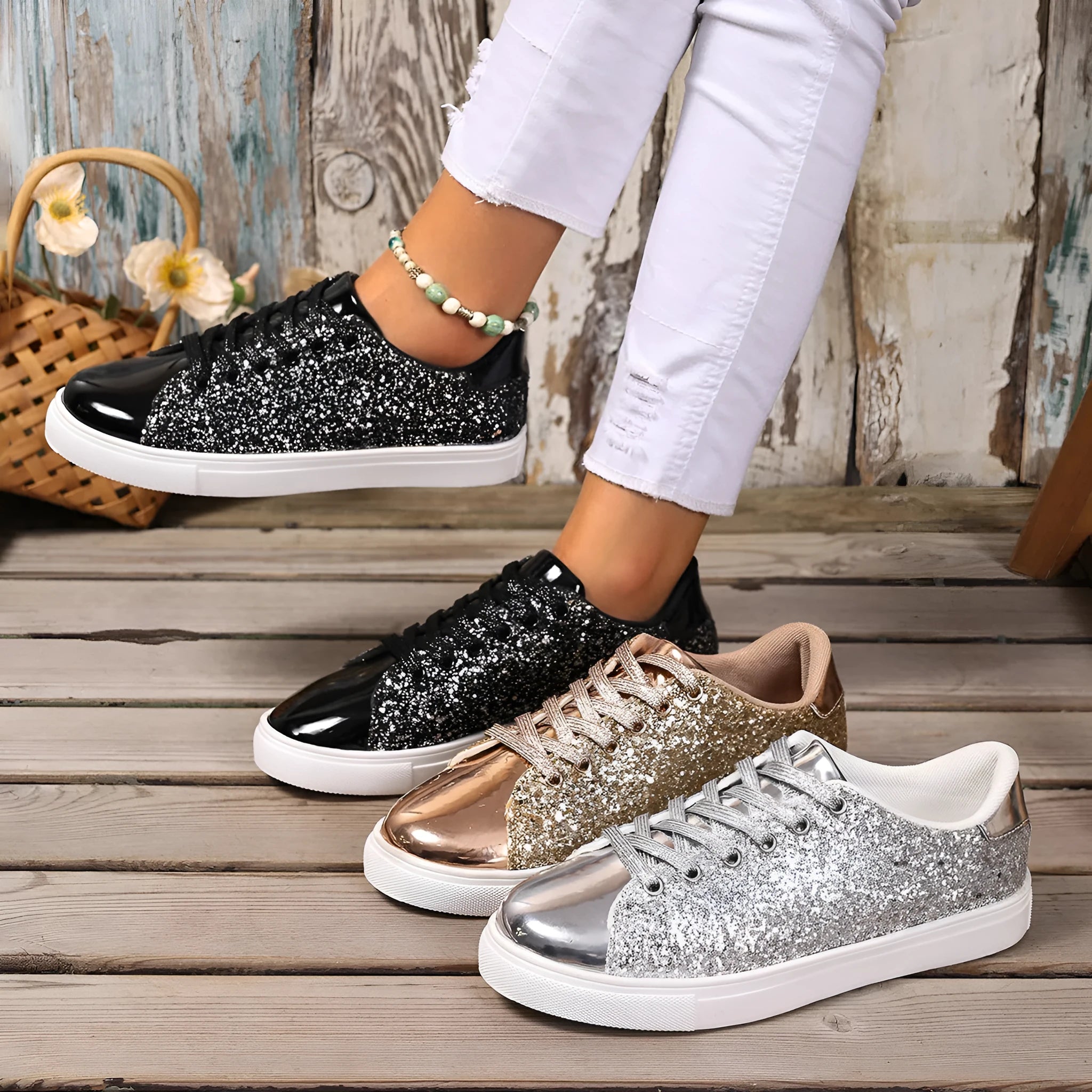 Women's plus size sequinned front lace-up board shoes in artificial leather, shown in black, gold, purple, and silver.