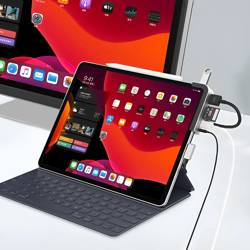 Silver aluminium grey 6-in-1 USB-C docking station for iPad Pro with multiple ports